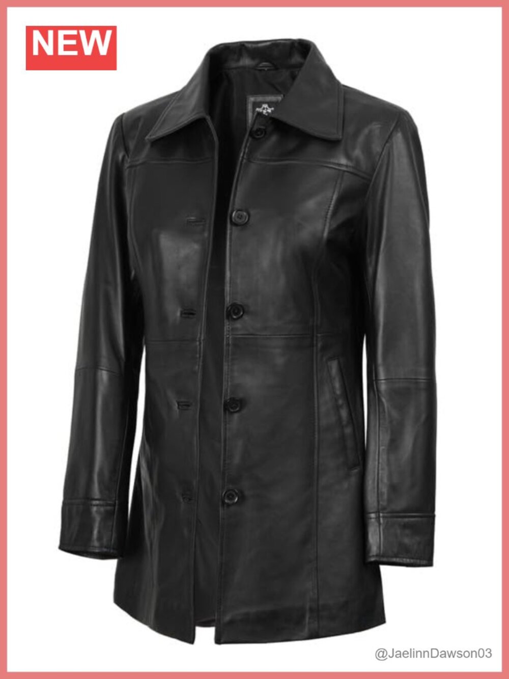 Real Lambskin 3/4 Length Leather Jacket Car Coat Button Closure